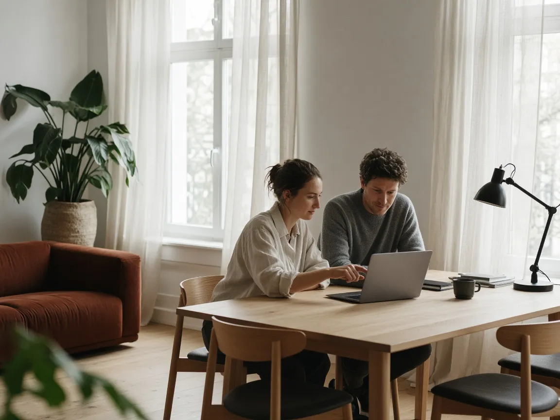 Two colleagues working together on one laptop at an oak table in the Stockholm office