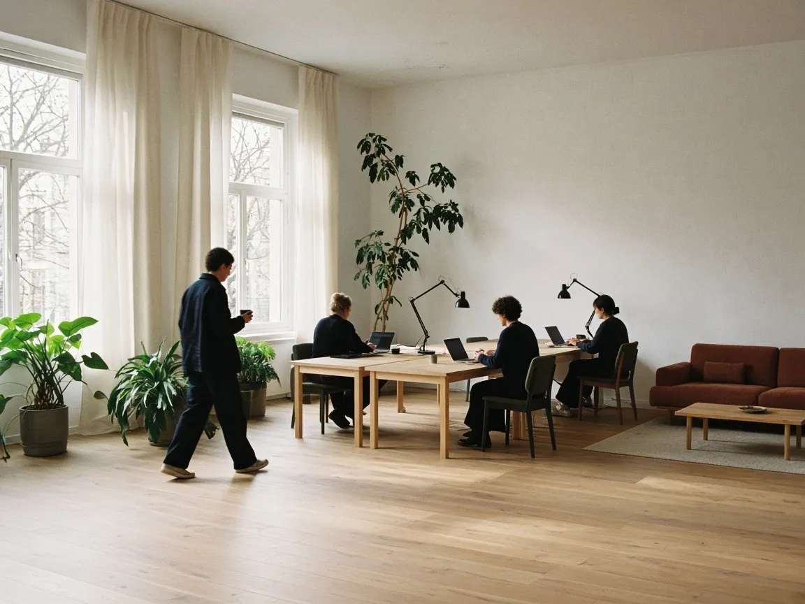 The Stockholm office, a bright room with long oak desks and tall windows