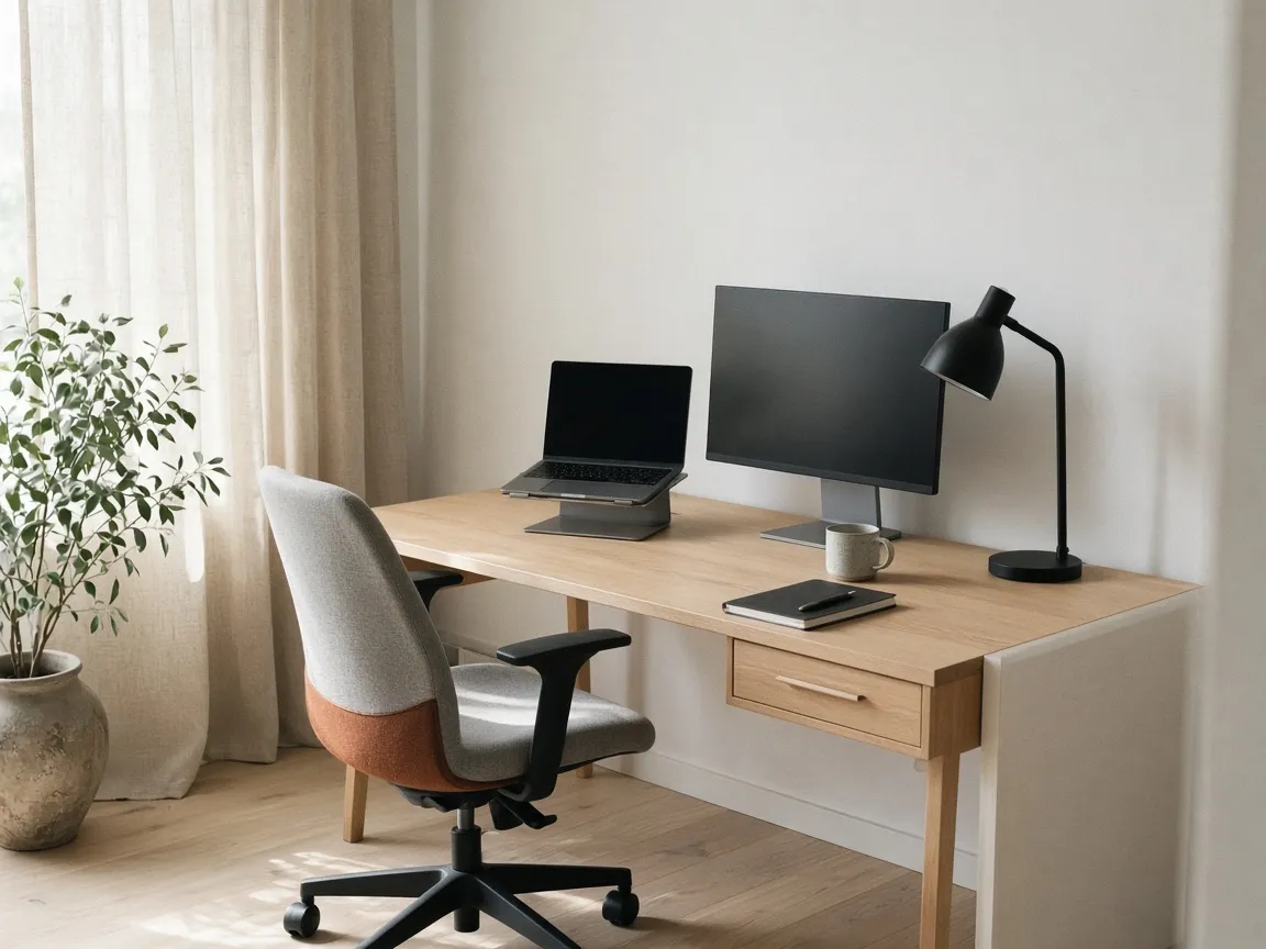 A tidy home desk with a laptop, a second screen and a good chair