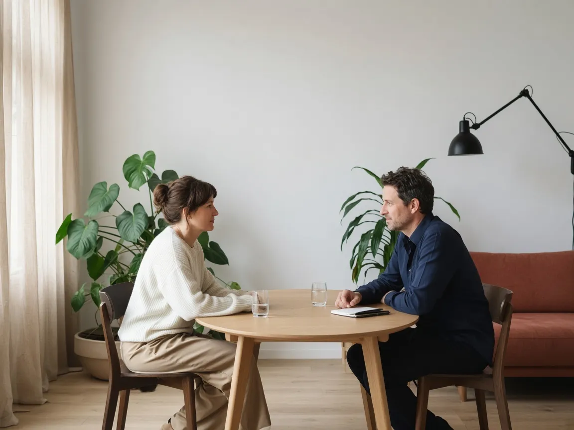 A candidate and a hiring manager talking across a small round table
