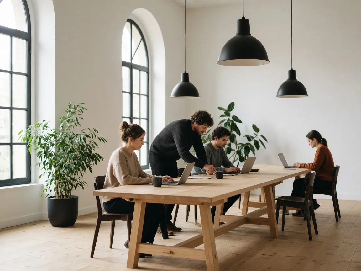 The Milan office, where engineers work at a long shared table under pendant lamps