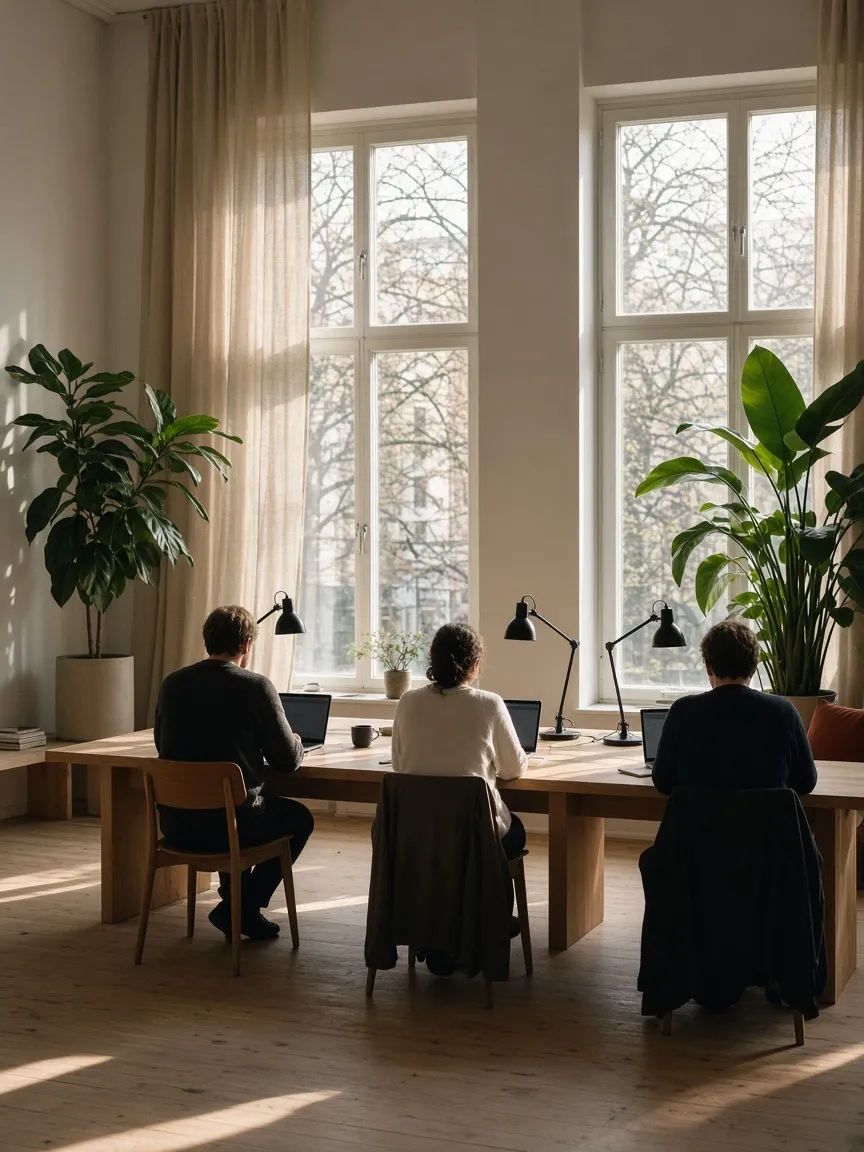 Three colleagues working at a long window desk in the Stockholm office in late afternoon sun