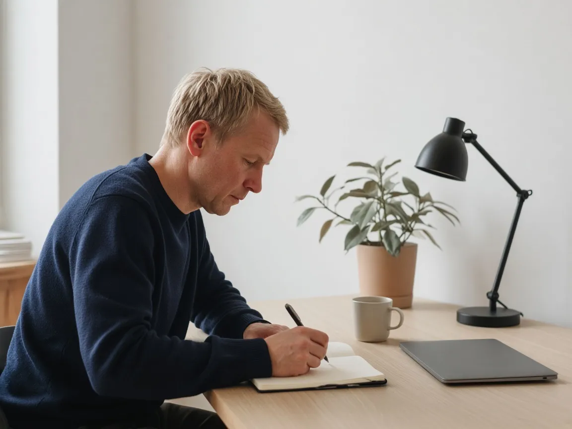 Henrik Sjöberg writing a plan by hand at his desk in Stockholm