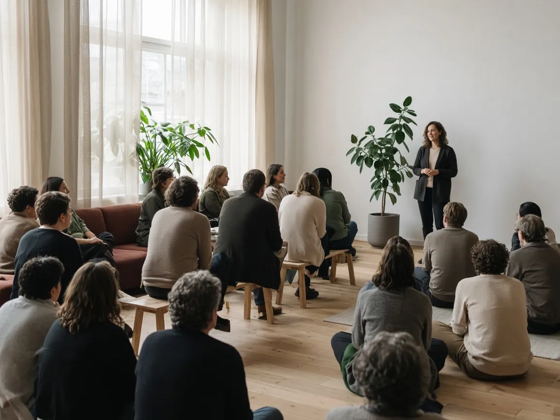 The whole company on sofas and benches listening to a talk at the all hands