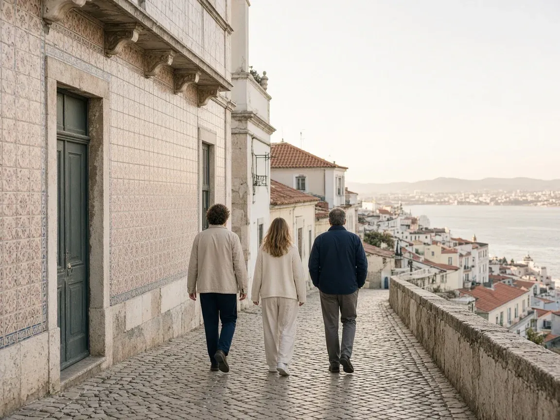 Three colleagues walking a tiled street in Lisbon above the river