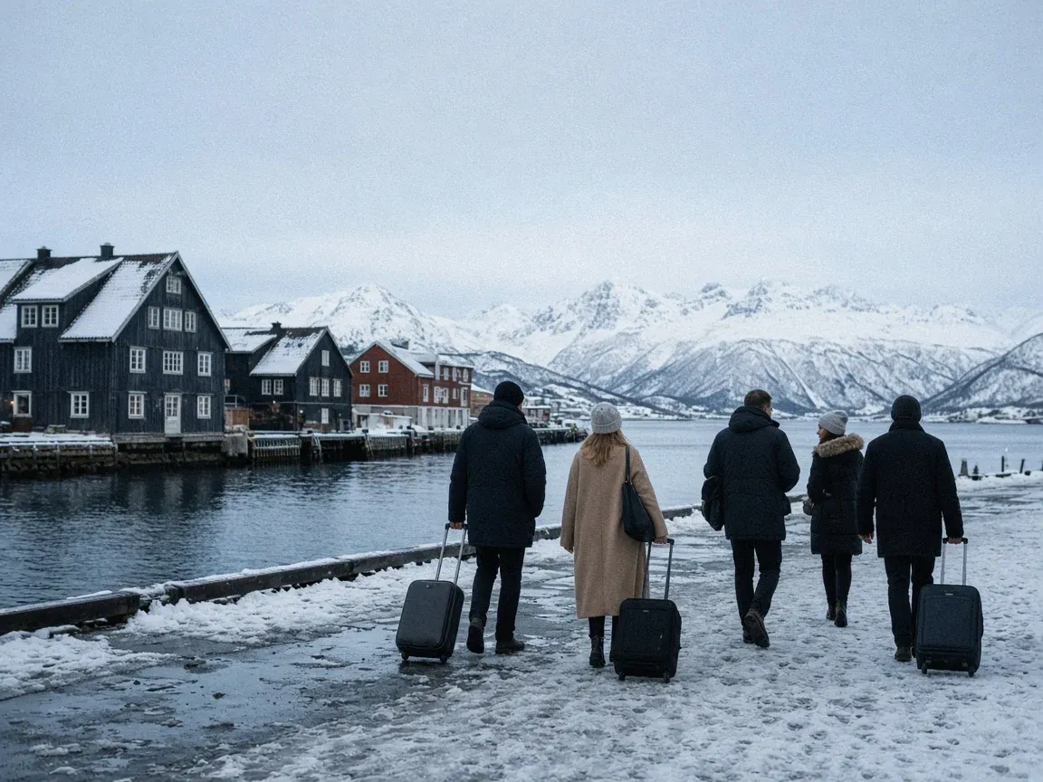 Colleagues pulling suitcases along the snowy harbour in Tromsø